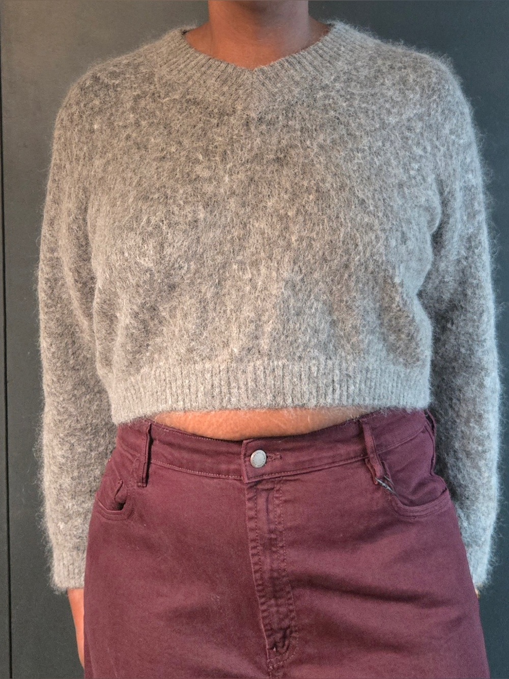 h&m | cropped sweater | mohair wool blend | v-neck | grey | us xxl